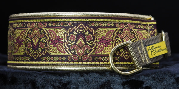 2 Inch Collar Gold and Burgundy Crest on Coyote Web with Metallic Gold Leather and Brass Hardware