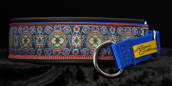1 1/2 Inch Collar Silver, Blue, and Green China Infusion with Black Leather and a Blue Tug and Chrome Hardware