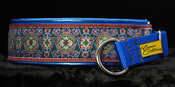 1 1/2 Inch Collar Silver, Blue, and Green China Infusion with Metallic Blue Leather and a Blue Tug and Chrome Hardware