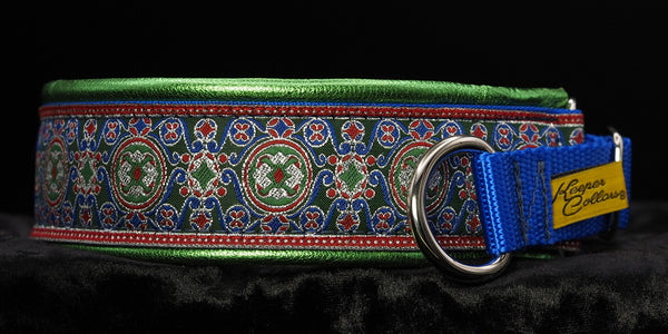 1 1/2 Inch Collar Silver, Blue, and Green China Infusion with Metallic Green Leather and a Blue Tug and Chrome Hardware