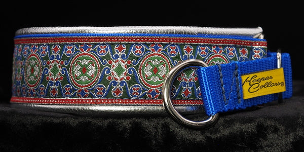1 1/2 Inch Collar Silver, Blue, and Green China Infusion with Metallic Silver Leather and a Blue Tug and Chrome Hardware