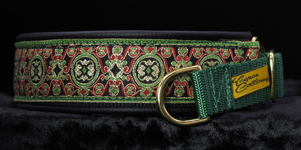 1 1/2 Inch Collar Gold, Black, and Green China Infusion with Black Leather and a Green Tug and Brass Hardware
