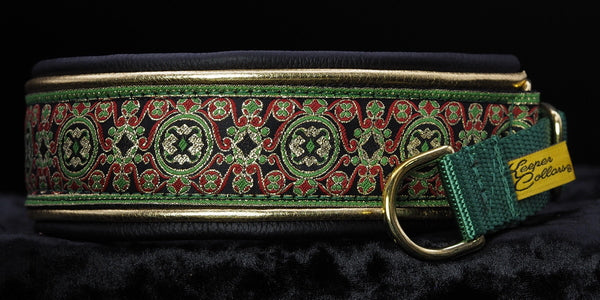1 1/2 Inch Collar Gold, Black, and Green China Infusion with Metallic Gold and Black Leather and a Green Tug with Brass Hardwear