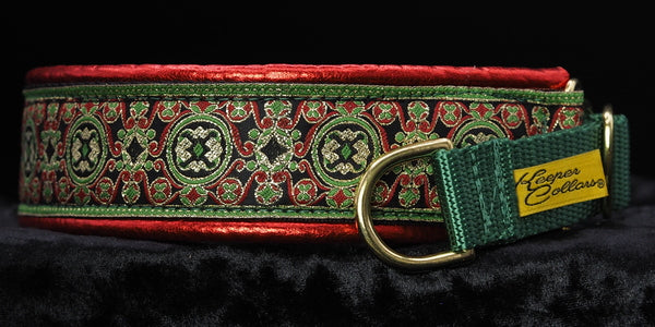 1 1/2 Inch Collar Gold, Black, and Green China Infusion with Metallic Red Leather and and a Green Tug andBrass Hardware