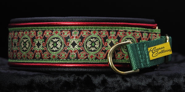 1 1/2 Inch Collar Gold, Black, and Green China Infusion with Metallic Red and Black Leather and a Green Tug with Brass Hardwear