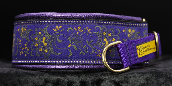 2 Inch Collar Purple and Yellow Buds with Metallic Purple Leather Purple Tug and Brass Hardware