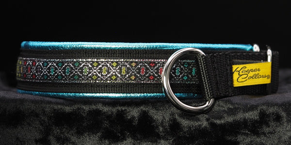 1 Inch Collar, Silver Colored Diamonds on Black Web with Metallic Teal Leather and Chrome Hardware