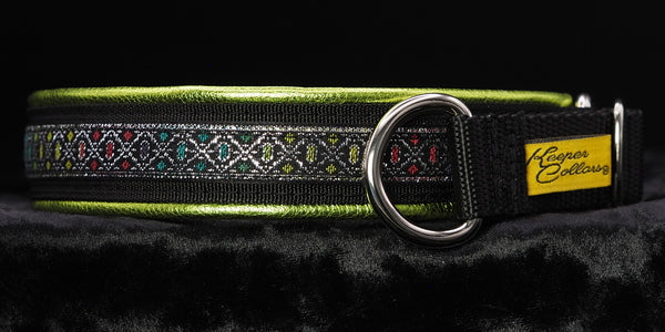 1 Inch Collar, Silver Colored Diamonds on Black Web with Metallic Lime Leather and Chrome Hardware