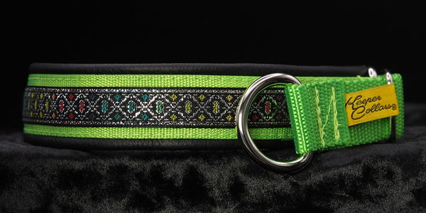 1 Inch Collar, Silver Colored Diamonds on Lime Web with Black Leather and Chrome Hardware