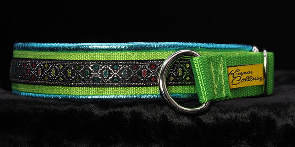 1 Inch Collar, Silver Colored Diamonds on Lime Web with Metallic Teal Leather and Chrome Hardware