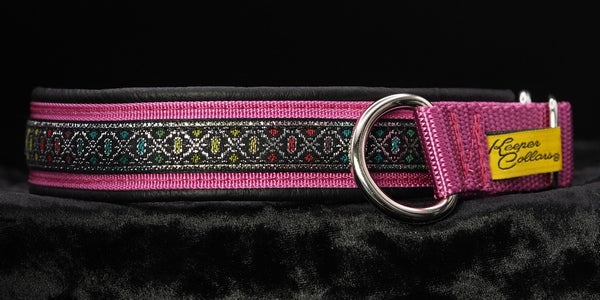 1 Inch Collar, Silver Colored Diamonds on Pink Web with Black Leather and Chrome Hardware