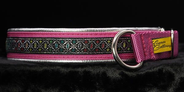 1 Inch Collar, Silver Colored Diamonds on Pink Web with Metallic Light Pink Leather and Chrome Hardware