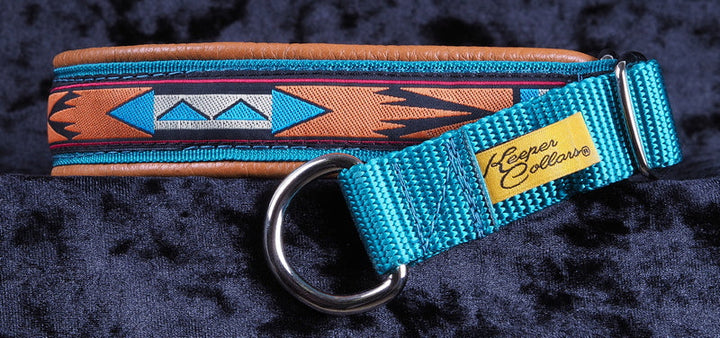 1 Inch Collar Arizona on Teal Web with Lt. Brown Leather and Chrome Hardware Keeper Collars