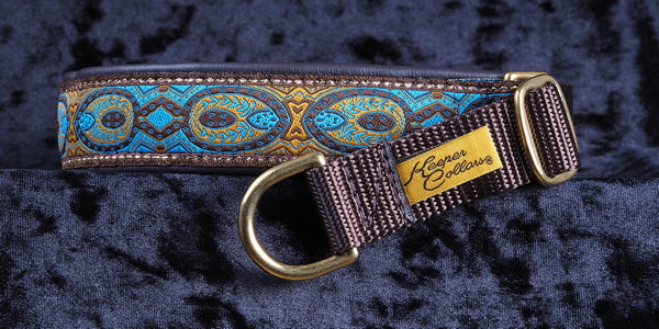 1 Inch Collar Blue Konta on Brown Web with Brown Leather and Brass Hardware