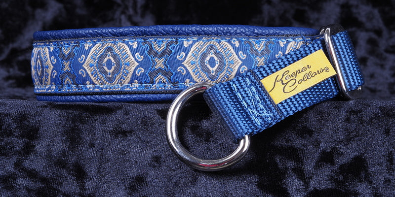 1 Inch Collar Blue God's Eye on Black Web with Lt. Navy Leather and a Navy Tug and Chrome Hardware