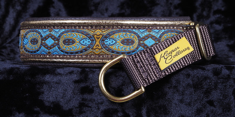 1 Inch Double Leather Collar Blue Konta on Brown Web with Gold and Dk. Brown Leather and Brass Hardware Keeper Collars