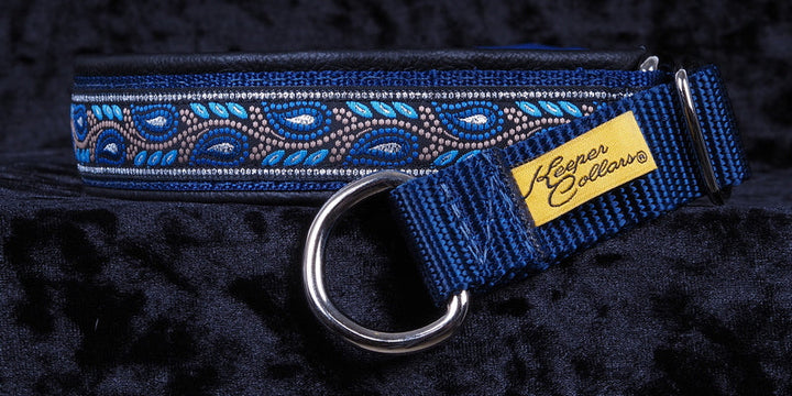 1 Inch Collar Silver and Blue Leaves on Navy Web with Black Leather and Chrome Hardware Keeper Collars