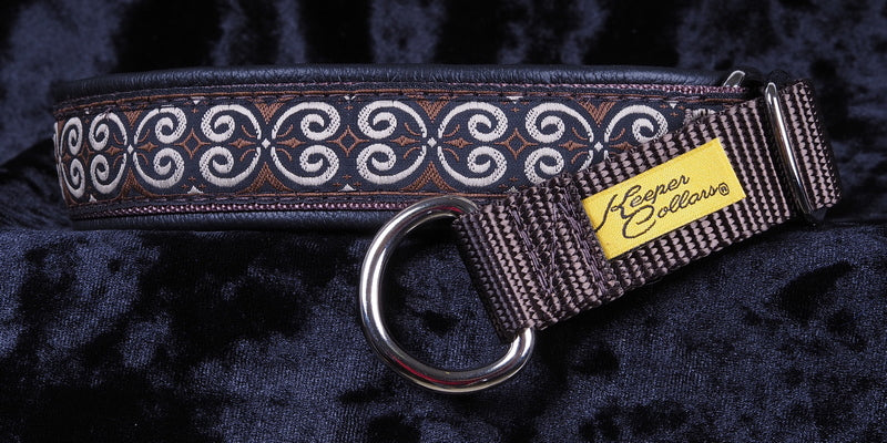 1 Inch Collar Brown Scroll on Brown Web with Black Leather and Chrome Hardware Keeper Collars