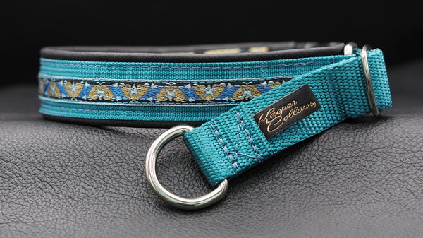 End Run,16" 1" Teal Web, Black Leather,Tan and Blue with Teal star design Ribbon Chrome Hardware, Medium Prong,