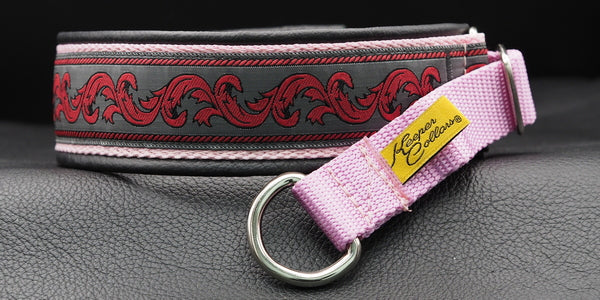 End Run, 17"1.5 Light Pink Web, Gray and Red Feather Ribbon, Black  Leather,Chrome Hardware, Medium Prong.