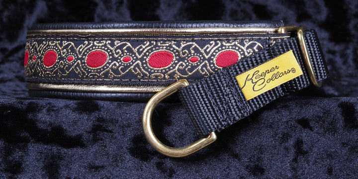 1 Inch Double Leather Collar Gold and Red Medallion on Black Web with Metallic Gold and Black Leather and Brass Hardware