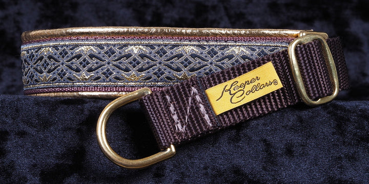1 Inch Collar Gold and Black Diamonds on Brown Web with Metallic Gold Leather and Brass Hardware Keeper Collars
