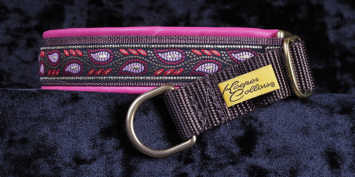 1 Inch Collar Gold with Pink Leaves on Brown Web with Dk. Pink Leather and Brass Hardware Keeper Collars