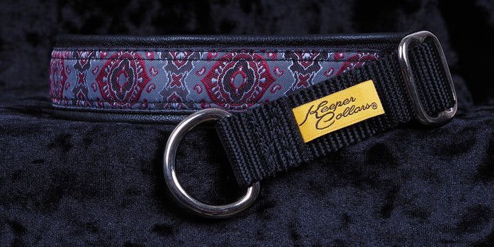 1 Inch Collar Gray God's Eye on Black Web with Black Leather and Chrome Hardware Keeper Collars