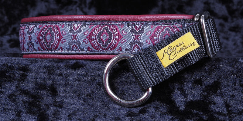 1 Inch Collar Gray God's Eye on Black Web with Burgundy Leather and Chrome Hardware Keeper Collars