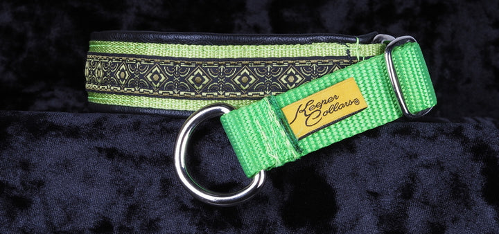 1 Inch Collar Green Geo with Green Apple Web and Lime tug with Black Leather and Chrome Hardware