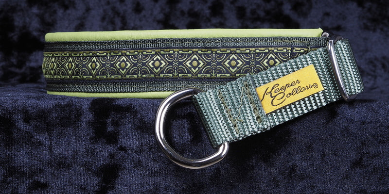 1 Inch Collar Green Geo on Olive Web with Lime Green Leather and Chrome Hardware Keeper Collars