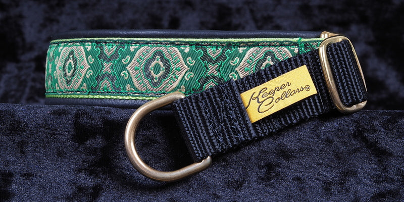 1 Inch Collar Green God's Eye on Lime Web with Black Leather and a Black Tug and Brass Hardware Keeper Collars