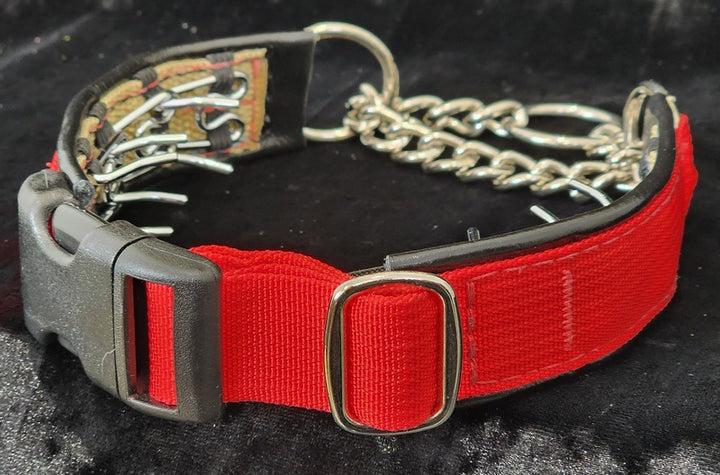 1 Inch Keep-Easy Collar Red Web with Black Leather and Chrome Hardware