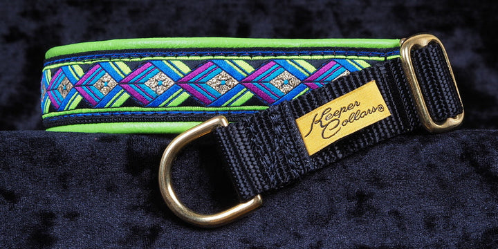1 Inch Collar Gold and Lime Green Arrowhead on Black Web with Lime Leather and Brass Hardware Keeper Collars