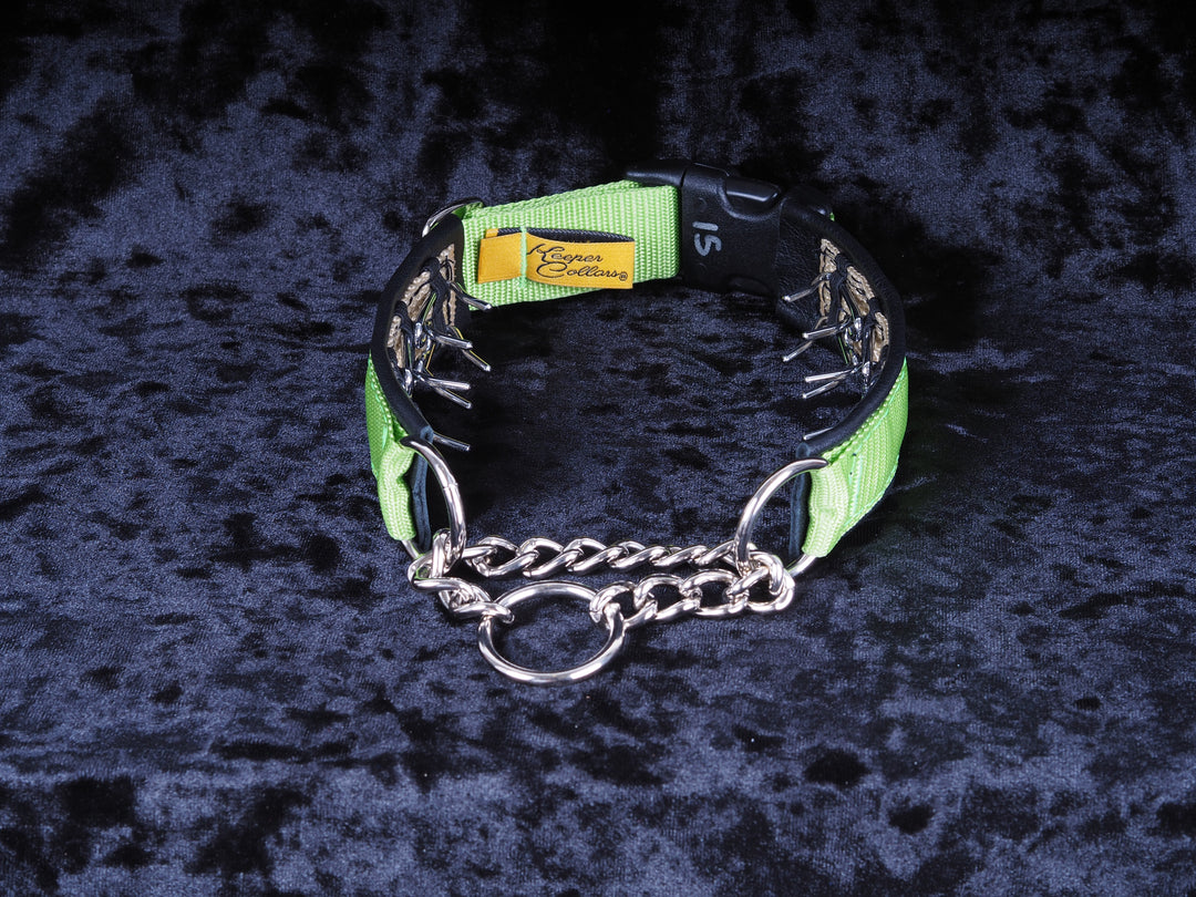 1 Inch Keep-Easy Collar Lime Green Web with Black Leather and Chrome Hardware