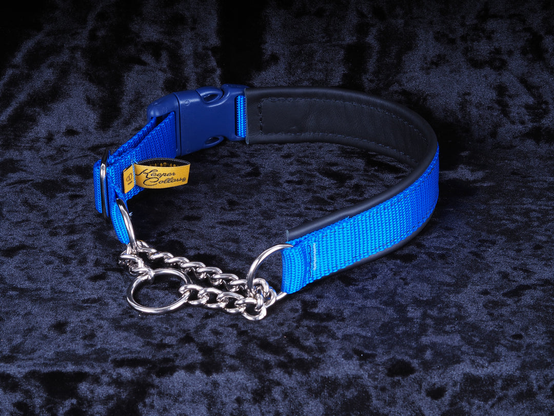 1 Inch Keep-Easy Collar Navy Blue Web with Black Leather and Chrome Hardware