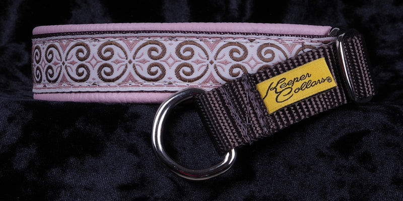1 Inch Collar Pink Scroll on Brown Web with Med. Dusty Pink Leather and Chrome Hardware Keeper Collars
