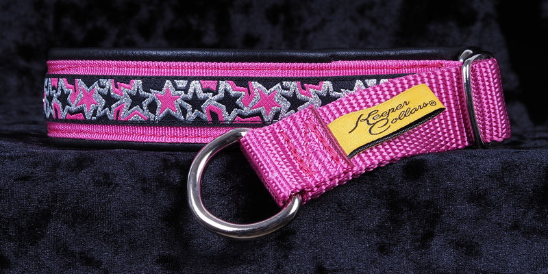 1 Inch Collar Pink Stars with Silver and Black on Pink Web with Black Leather and Chrome Hardware