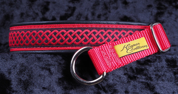 1 Inch Collar Red Celtic Knot on Red Web with Black Leather and Chrome Hardware