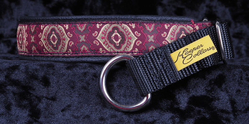 1 Inch Collar Red God's Eye on Black Web with Black Leather and Chrome Hardware Keeper Collars