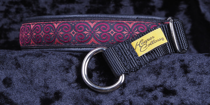 1 Inch Collar Red Scroll on Black Web with Black Leather and Chrome Hardware
