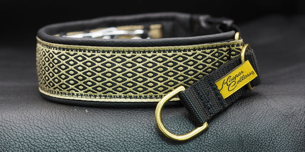 Return, 18" 1.5" Black Web, Gold and Black Chain mail Ribbon, Black Leather, Brass Hardware, LARGE Prong