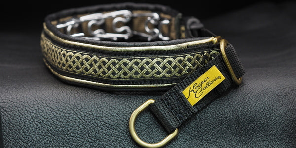 Return, 22" 1" Black Web, Gold Celtic Knot Ribbon, Double leathers Gold and Black, Brass Hardware, LARGE Prong