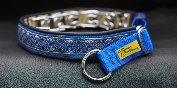 Return, 23" 1" Royal Blue Web, Silver and Blue Diamonds Ribbon, Black Leather, Chrome Hardware, LARGE Prong