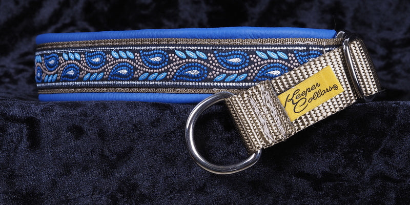 1 Inch Collar Silver and Blue Leaves on Coyote Web with Royal Blue Leather and Chrome Hardware Keeper Collars