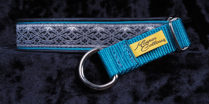 1 Inch Collar Silver and Blue Diamonds on Teal Web with Black Leather and Chrome Hardware (Copy)