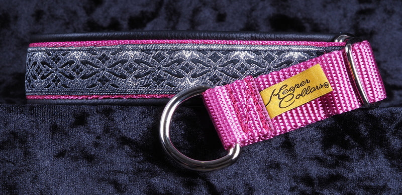 1 Inch Collar Silver and Gray Diamonds on Dk. Pink Web with Black Leather and Chrome Hardware