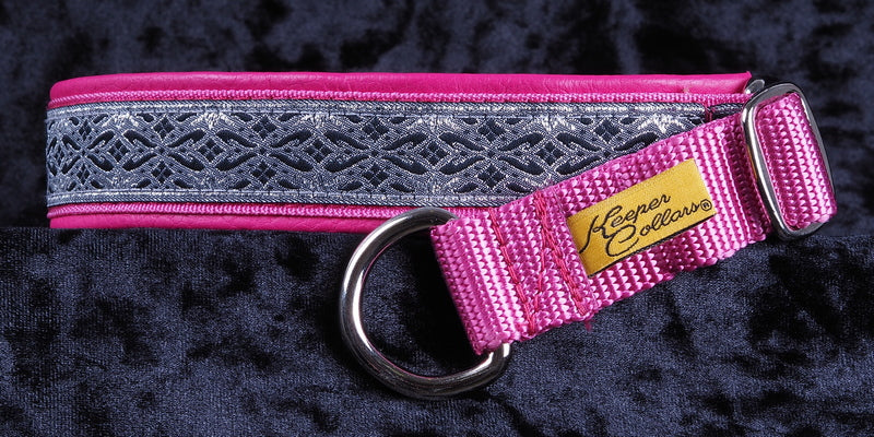 1 Inch Collar Silver and Gray Diamonds on Dk. Pink Web with Dk. Pink Leather and Chrome Hardware