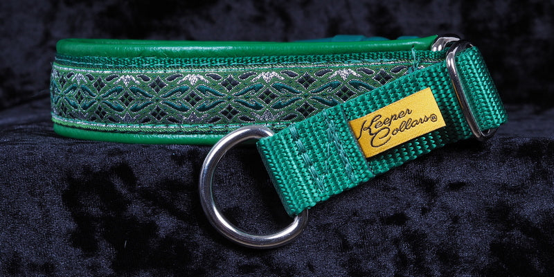 1 Inch Collar Silver and Green Diamonds on Kelly Green Web with Green Leather and Chrome Hardware Keeper Collars
