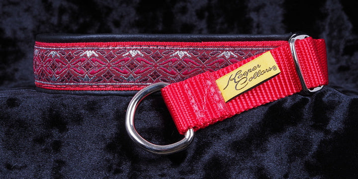 1 Inch Collar Silver and Red Diamonds on Red Web with Black Leather and Chrome Hardware Keeper Collars